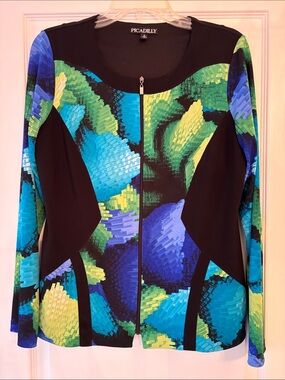 Blue Green Printed Zip-Front Long Sleeve Top